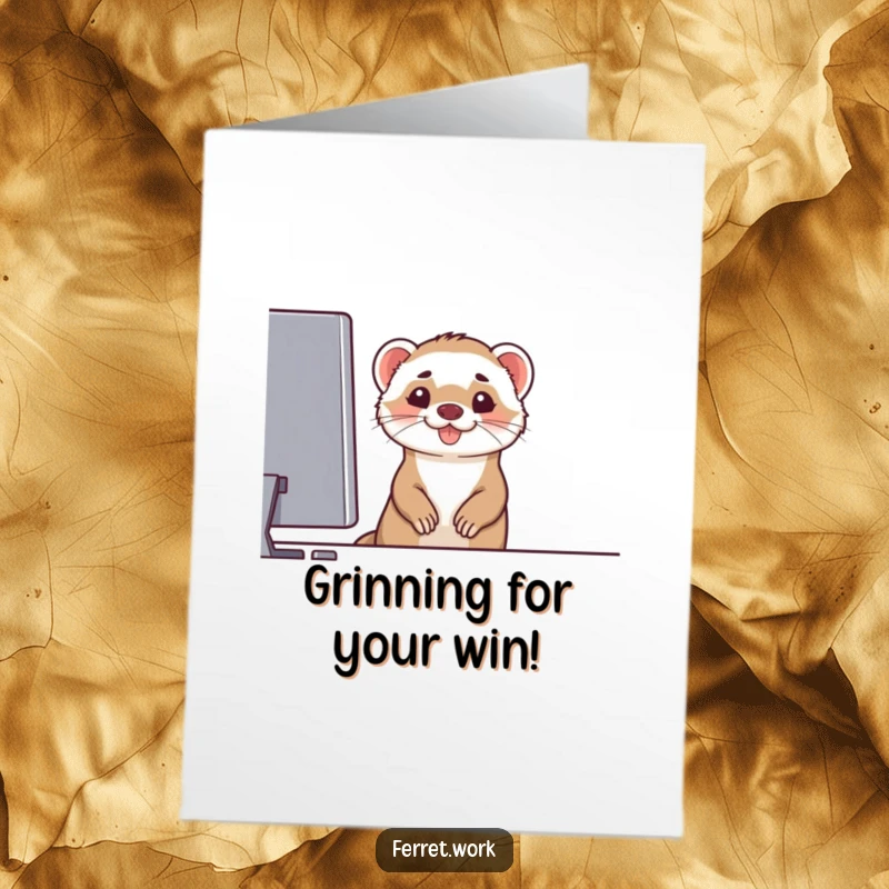 Funny Free Printable Ferret Congratulations Card: A grinning ferret peeking from behind a computer screen, celebrating achievements. A clever downloadable card.