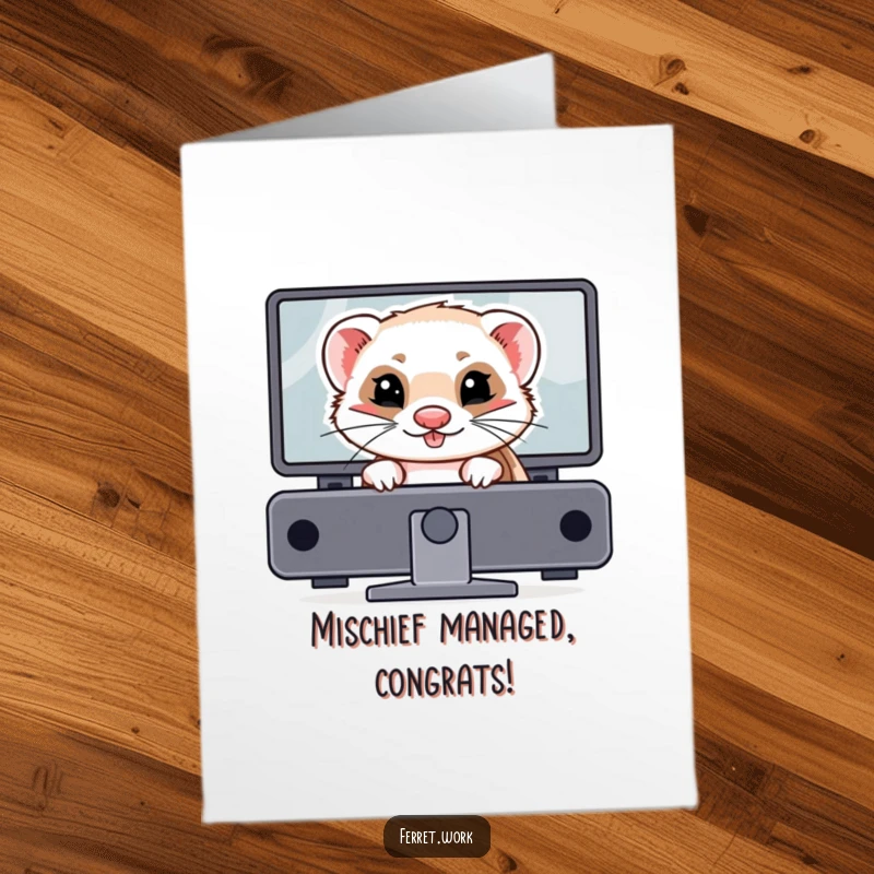 Funny Free Printable Congratulations Card showing a mischievous ferret peeking from behind a computer screen, celebrating a win.