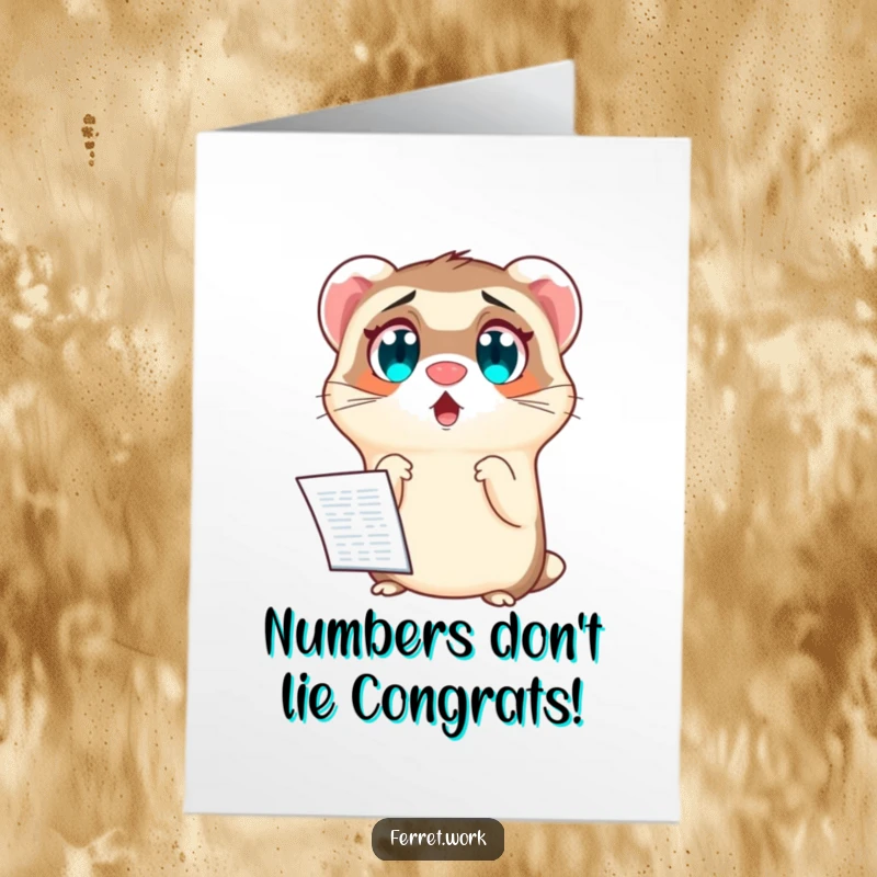 Funny Free Printable Congrats Card: Ferret with exaggerated wide eyes, staring in shock at a spreadsheet.