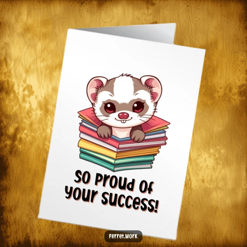 Funny Free Printable Congratulations Card: A kawaii ferret peeking from folders with a mischievous glint, celebrating good news.