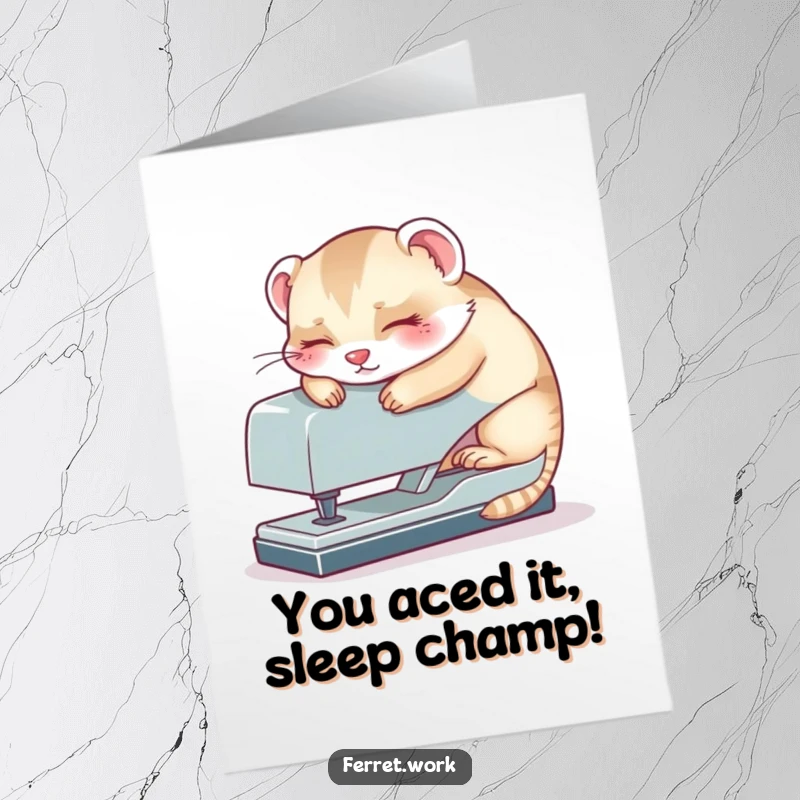 Funny Free Printable Congratulations Card showing a kawaii office ferret sound asleep on a giant stapler, celebrating a big achievement.