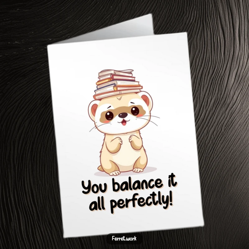 Funny Free Printable Congratulations Card: Ferret balancing precariously a huge stack of documents on its head.