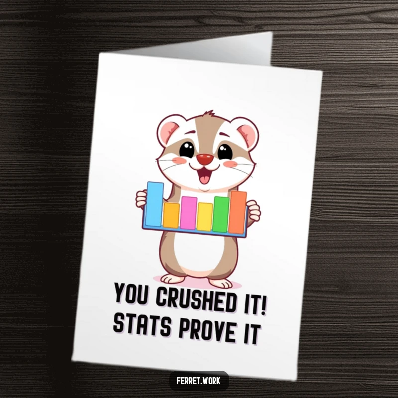 Funny Free Printable Congrats Card: Kawaii ferret enthusiastically presenting a colorful success bar graph, cheering them on.