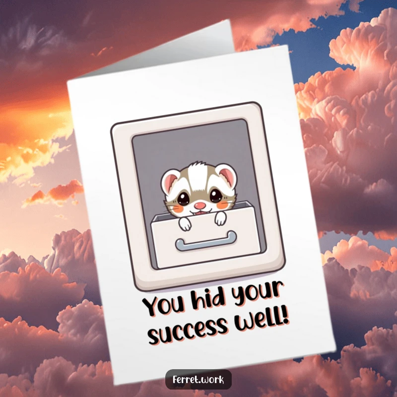 Funny Free Printable Congrats Card: Adorable kawaii office ferret hiding inside a file cabinet, holding a tiny trophy.