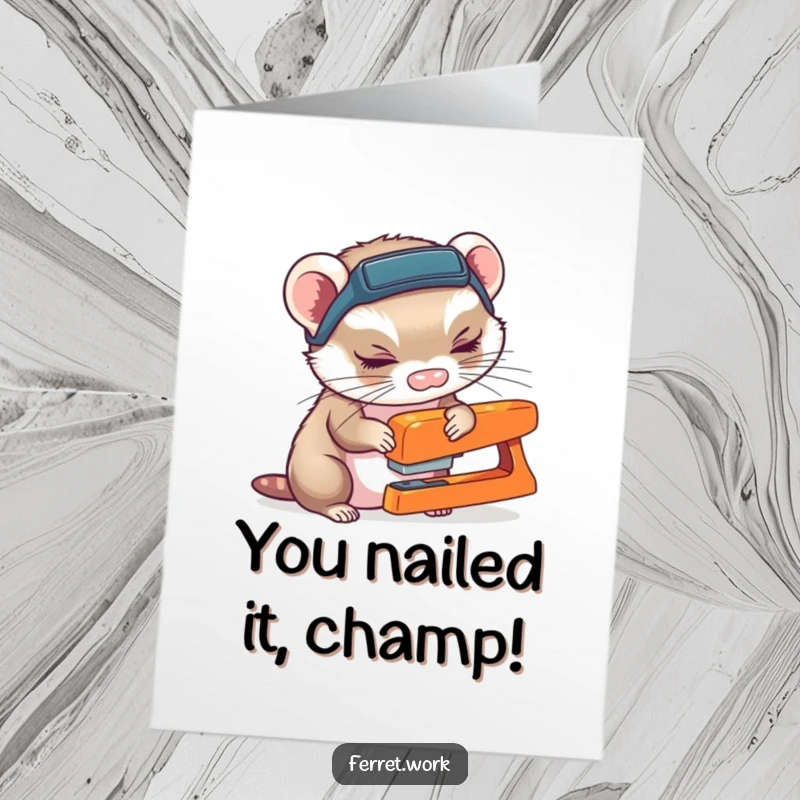 Funny Free Printable Congratulations Card featuring a ferret with a headlamp investigating a stapler, celebrating a solved case.