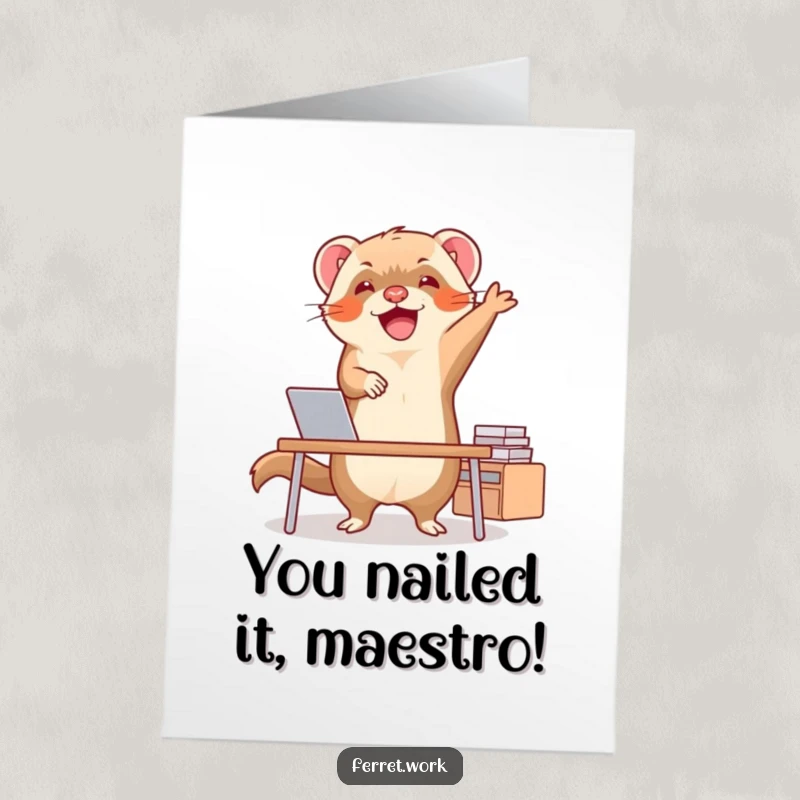 Funny Free Printable Congratulations Card: A cheerful ferret grooving at a small desk, celebrating success with pure joy.