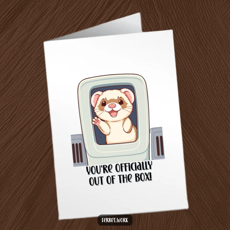 Funny Free Printable Congratulations Card: A happy ferret waves from a cubicle, extending cheerful greetings for a job well done.
