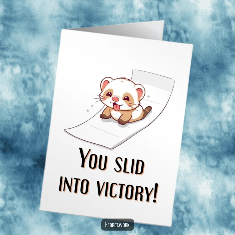 Funny Free Printable Congratulations Card featuring a ferret joyfully sliding down paper, celebrating a smooth and successful outcome.