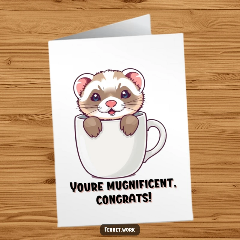 Funny Free Printable Congrats Card: A ferret playfully hides inside a coffee mug, its ears sticking out like tiny celebratory flags.