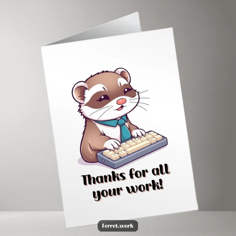Funny Free Printable Thank You Card: Ferret in a tiny tie, typing furiously on a computer keyboard.