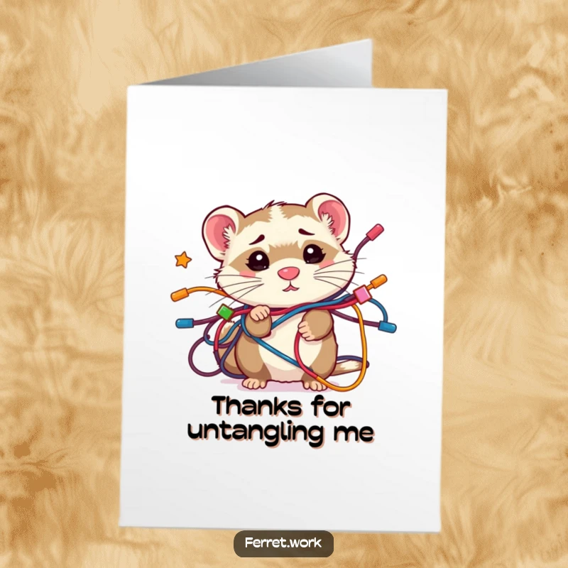 Funny Free Printable Thank You Card depicting a kawaii office ferret stuck in a jumble of wires, offering thanks through relatable confusion.