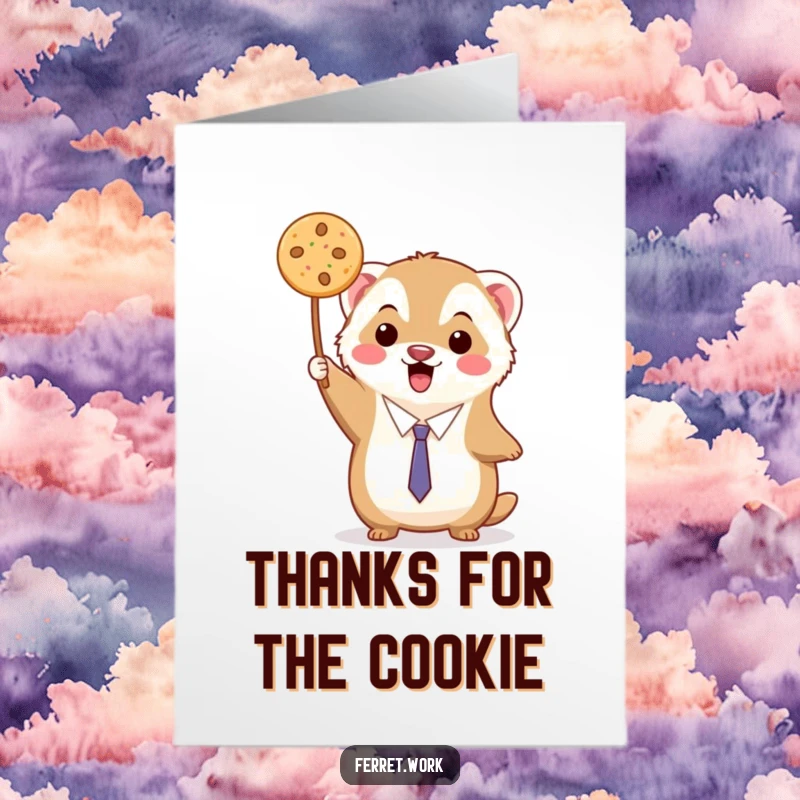 Funny Free Printable Thank You Card: A kawaii office ferret beams with pride holding a single, delectable cookie.