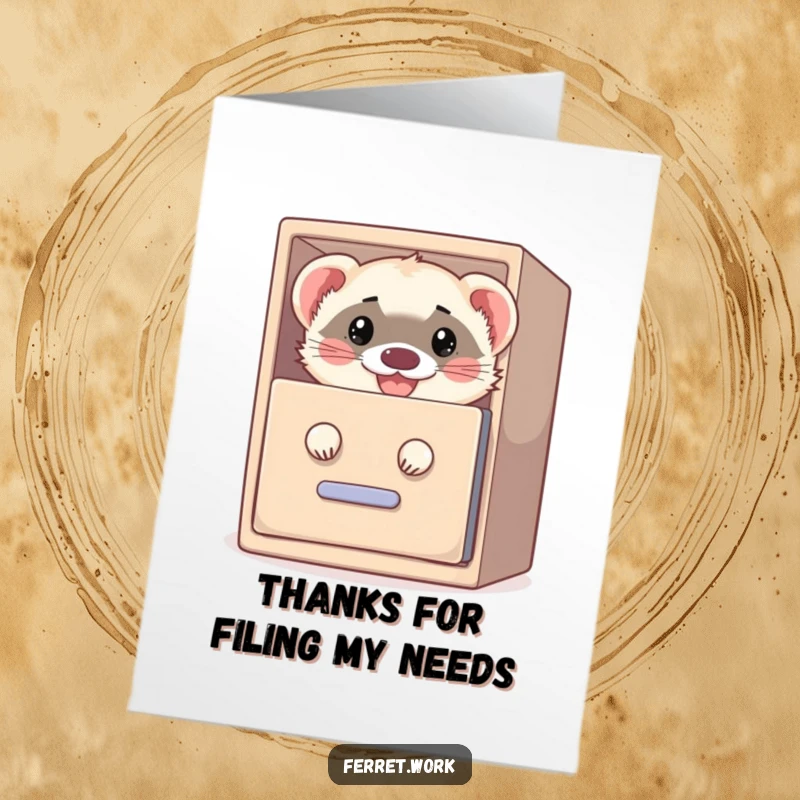Funny Free Printable Thank You Card: A playful ferret peeks from a filing cabinet, offering a grateful grin.