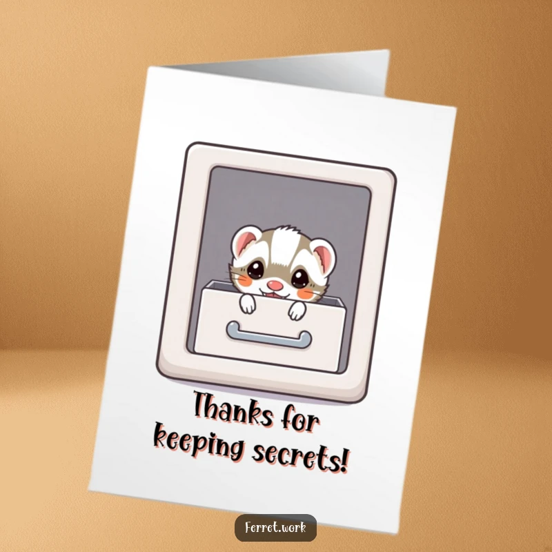 Funny Free Printable Thank You Card: Cute kawaii office ferret peeking from a file cabinet drawer, holding a small thank you note.