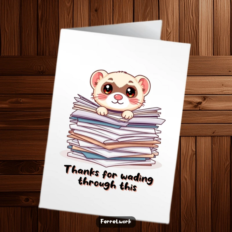 Funny Free Printable Thank You Card: Kawaii office ferret peering from an enormous pile of documents, looking slightly stressed.