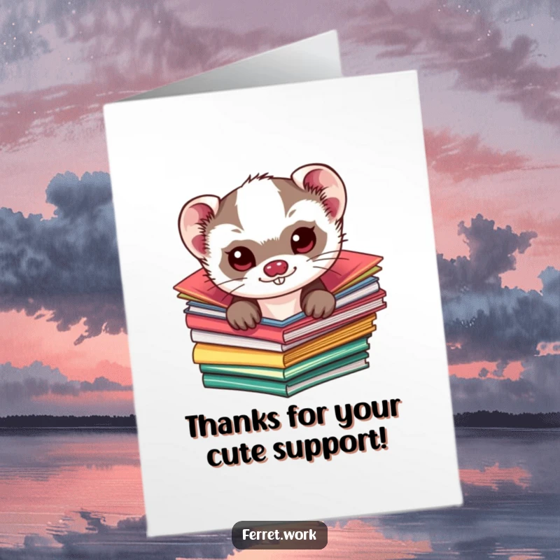 Funny Free Printable Thank You Card: A kawaii ferret peeking from colorful folders, offering thanks with a mischievous sparkle.