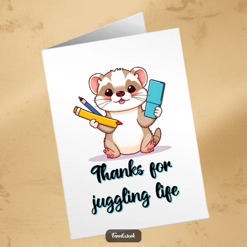 Funny Free Printable Thank You Card: A kawaii office ferret juggles various office supplies, a delightful way to express thanks.