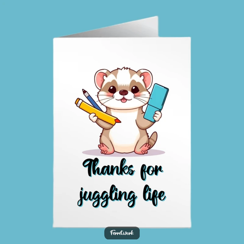 Free Printable Thank You Card: Kawaii Ferret Juggling Office Gear!