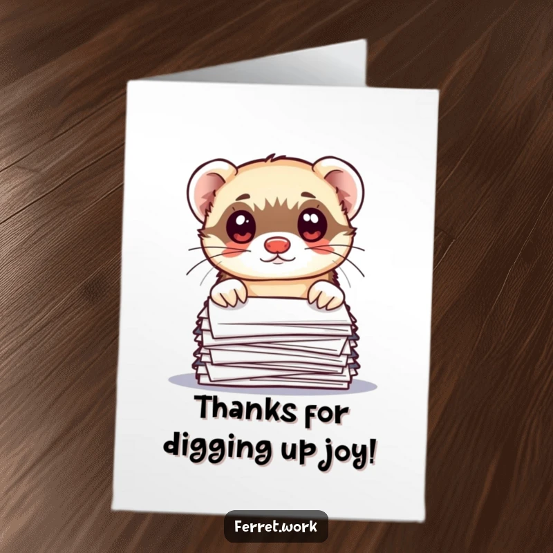 Funny Free Printable Thank You Card: Kawaii office ferret peeking over papers with wide, expressive eyes.