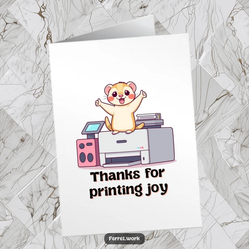 Funny Free Printable Thank You Card: Kawaii office ferret doing a joyous victory dance on top of a printer, spreading cheer.