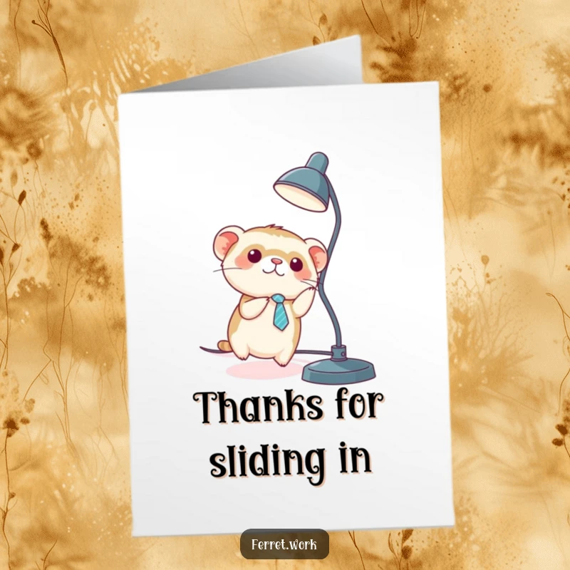 Funny Free Printable Thank You Card: A kawaii office ferret wearing a tie slides down a desk lamp cord, a fun thanks.