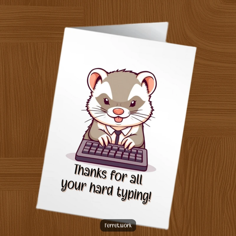 Funny Free Printable Thank You Card: Kawaii office ferret typing furiously on a tiny keyboard, showing dedication.