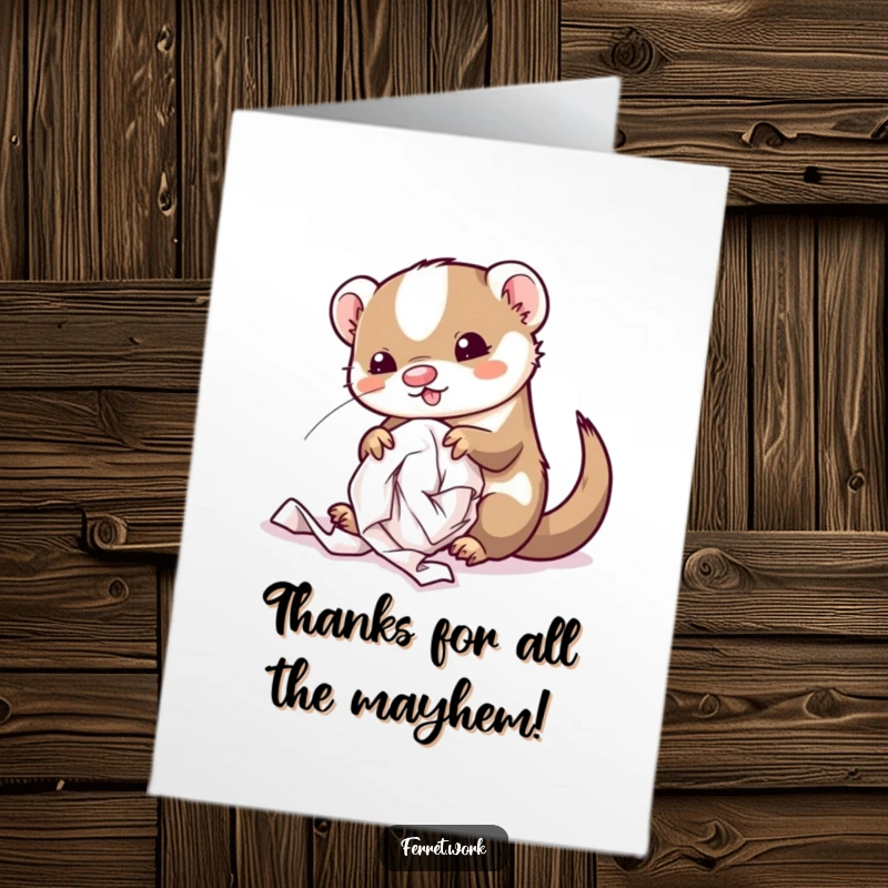 Funny Free Printable Thank You Card: Adorable kawaii office ferret creating a paper disaster, a thank you note amidst chaos.