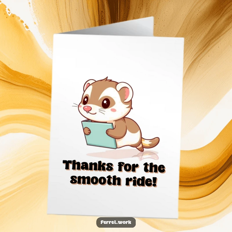 Funny Free Printable Thank You Card: Kawaii office ferret hilariously sliding fast across a polished floor on a file folder.