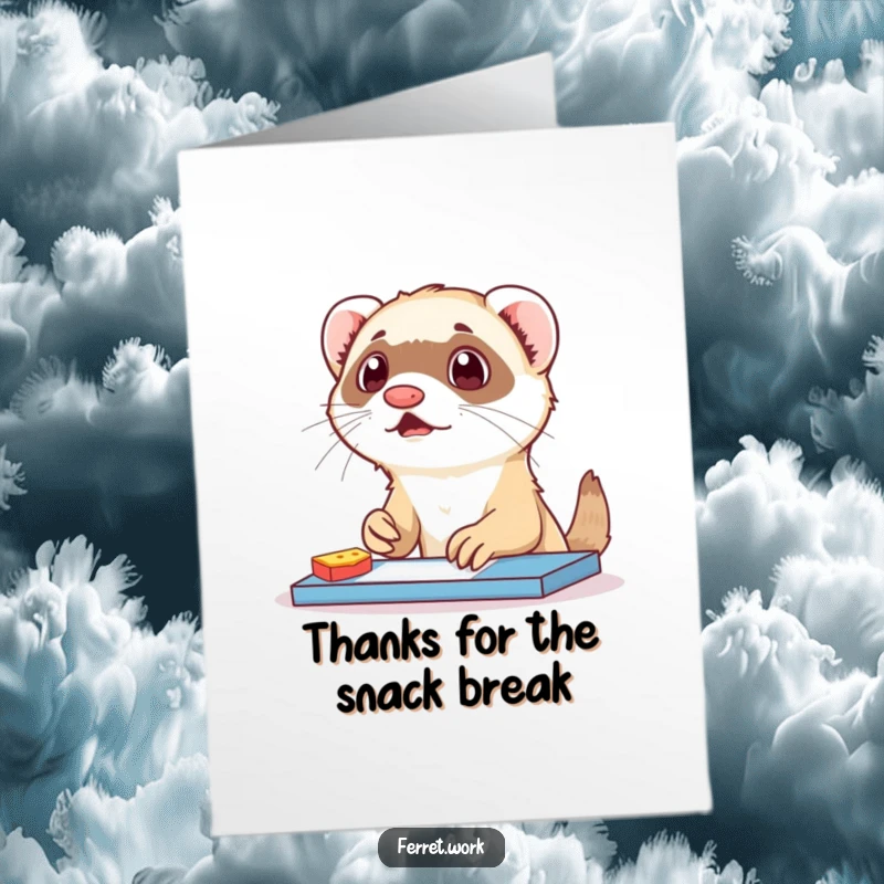 Funny Free Printable Thank You Card of a surprised ferret, caught by surprise while enjoying a desk snack, saying thanks.