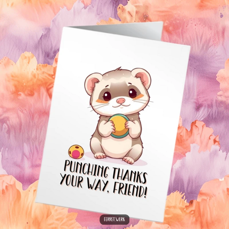 Funny Free Printable Thank You Card: A ferret playfully uses a hole punch as a toy, offering thanks with a mischievous grin.
