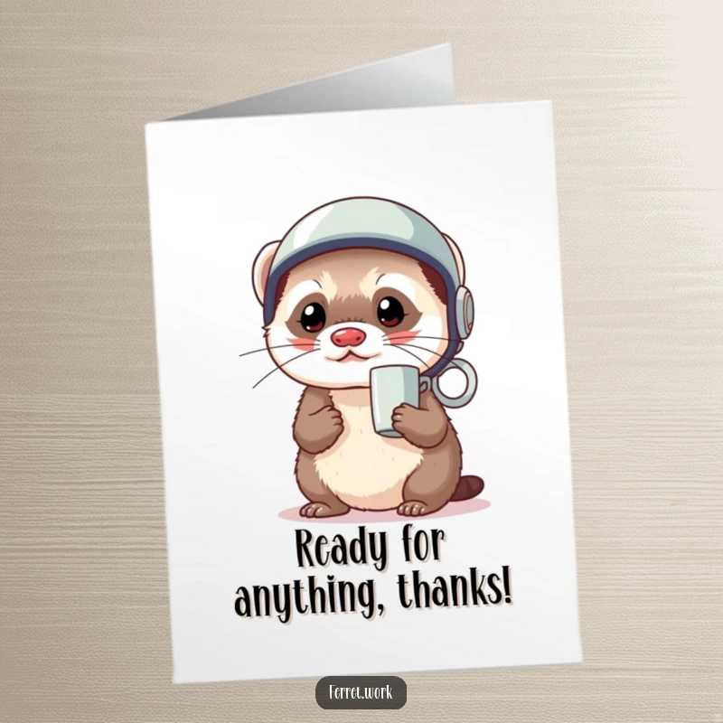 Funny Free Printable Thank You Card: A kawaii office ferret wears a coffee mug as a helmet, looking ready to face challenges.