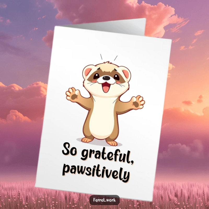 Funny Free Printable Thank You Card: Cute ferret with all paws up, celebrating and expressing joyful thanks with a happy squeak.