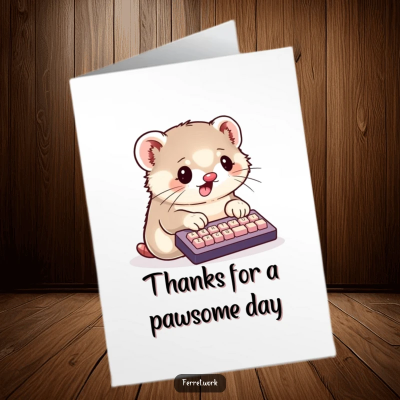 Funny Free Printable Thank You Card with a kawaii ferret enthusiastically typing on a tiny keyboard with its paws.