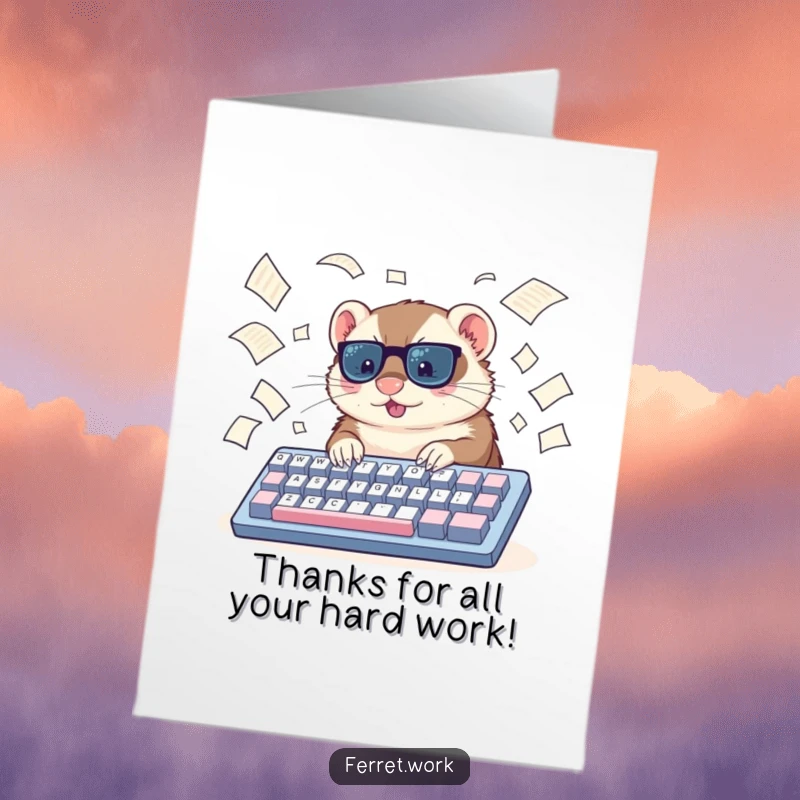 Funny Free Printable Thank You Card: A ferret furiously types on a comically large keyboard, surrounded by papers, saying thanks.