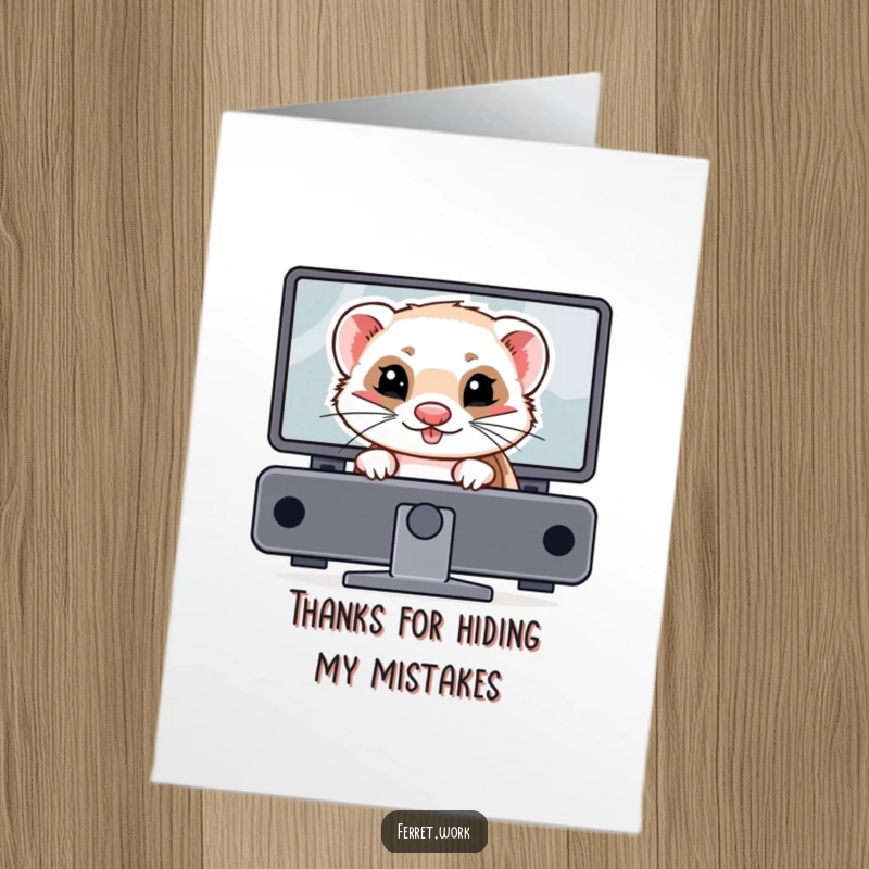 Funny Free Printable Thank You Card of a ferret with a mischievous grin, hiding behind a monitor, saying thanks.