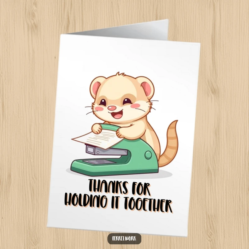 Funny Free Printable Thank You Card: Kawaii office ferret happily stapling documents with an absurdly large stapler, sending thanks.