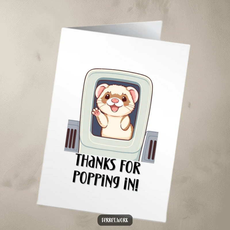 Funny Free Printable Thank You Card: A cheerful ferret waves hello from its cubicle, offering a humorous and warm thanks.