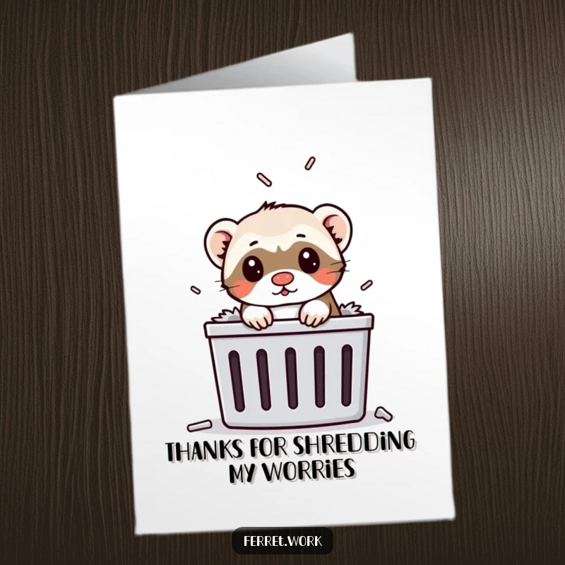 Funny Free Printable Thank You Card: A ferret peeking out of a paper shredder, making a mess of things.