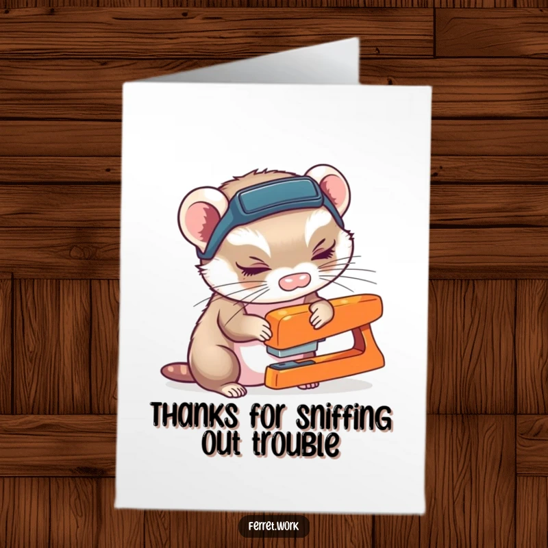 Funny Free Printable Thank You Card of a ferret wearing a headlamp curiously sniffing a stapler, a humorous investigative thank you.