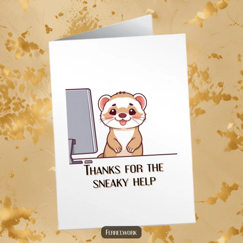 Funny Free Printable Ferret Thank You Card: A sneaky ferret peeking over a computer monitor with a wide, thankful grin. A downloadable thank you.