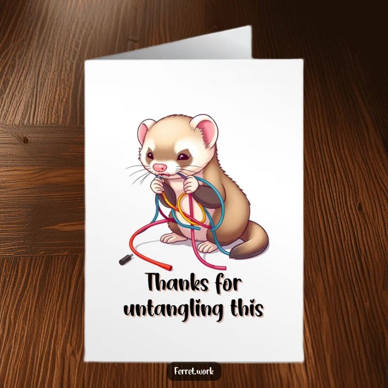 Funny Free Printable Ferret Thank You Card: A ferret playfully untangling a jumbled mess of colorful wires, expressing thanks. A downloadable appreciation.