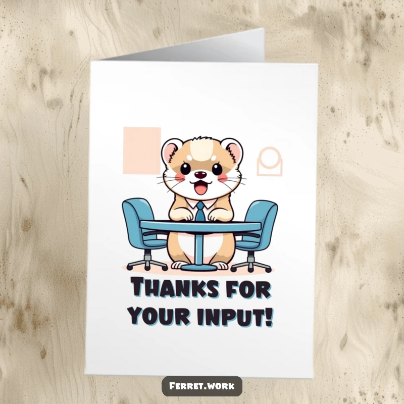 Funny Free Printable Thank You Card: Adorable kawaii office ferret intensely focused during a miniature business meeting.