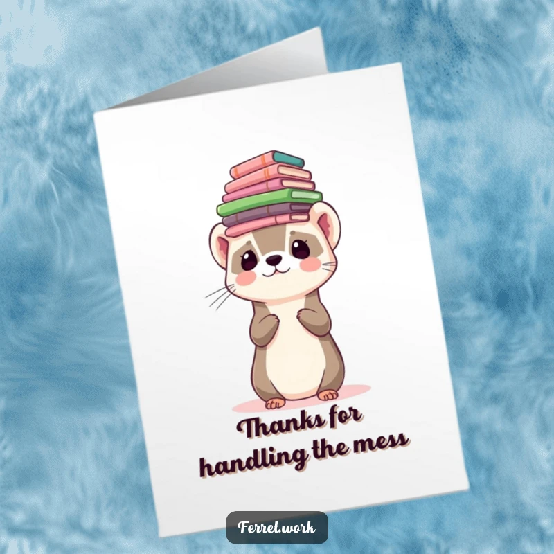 Funny Free Printable Thank You Card: A cute ferret balancing a precarious stack of official forms on its head.