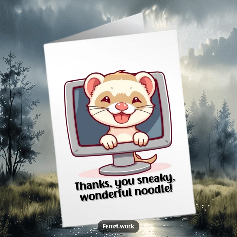 Funny Free Printable Thank You Card: A grinning ferret peeks conspiratorially from behind a computer monitor.