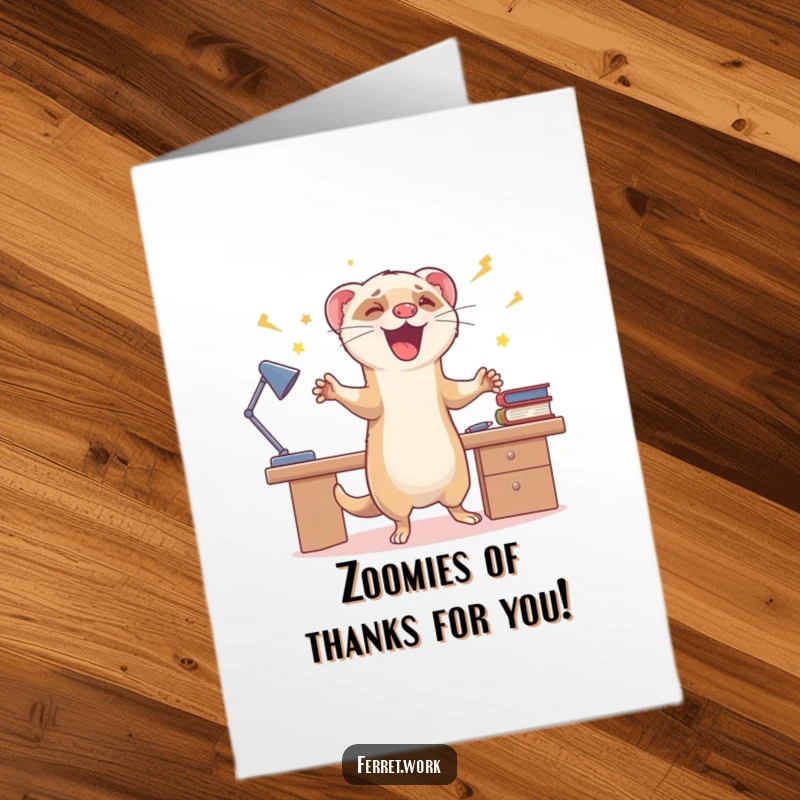 Funny Free Printable Thank You Card: A ferret joyfully zooms around a desk, conveying immense thanks.