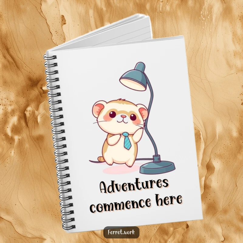 Funny kawaii office ferret wearing a tiny tie, sliding down a desk lamp cord, on the cover of a notebook.