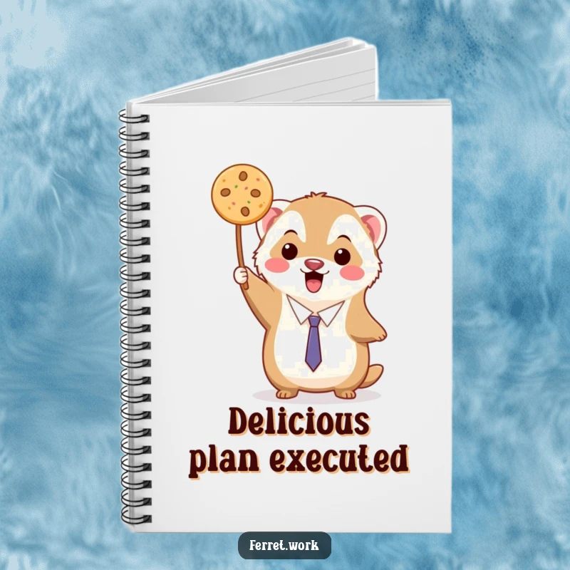 Funny kawaii office ferret triumphantly holding up a single delicious cookie, on the cover of a notebook.