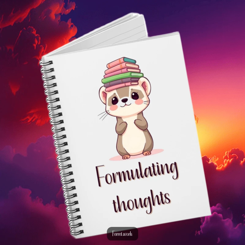 Funny ferret character balancing a stack of forms on its head on a notebook, for writing down tasks.