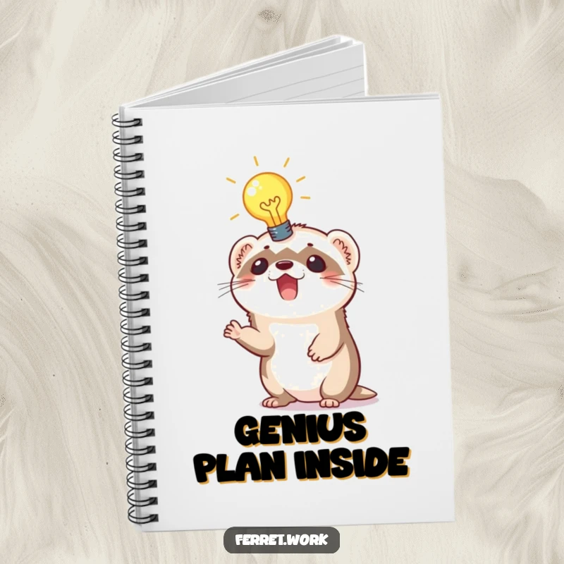 Funny notebook with an excited ferret holding a glowing lightbulb above its head, perfect for jotting down ideas.
