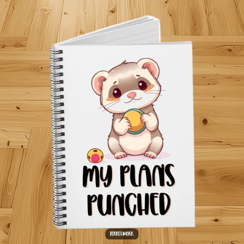 Funny notebook cover with a ferret playing with a hole punch as a toy, ideal for jotting down innovative ideas.